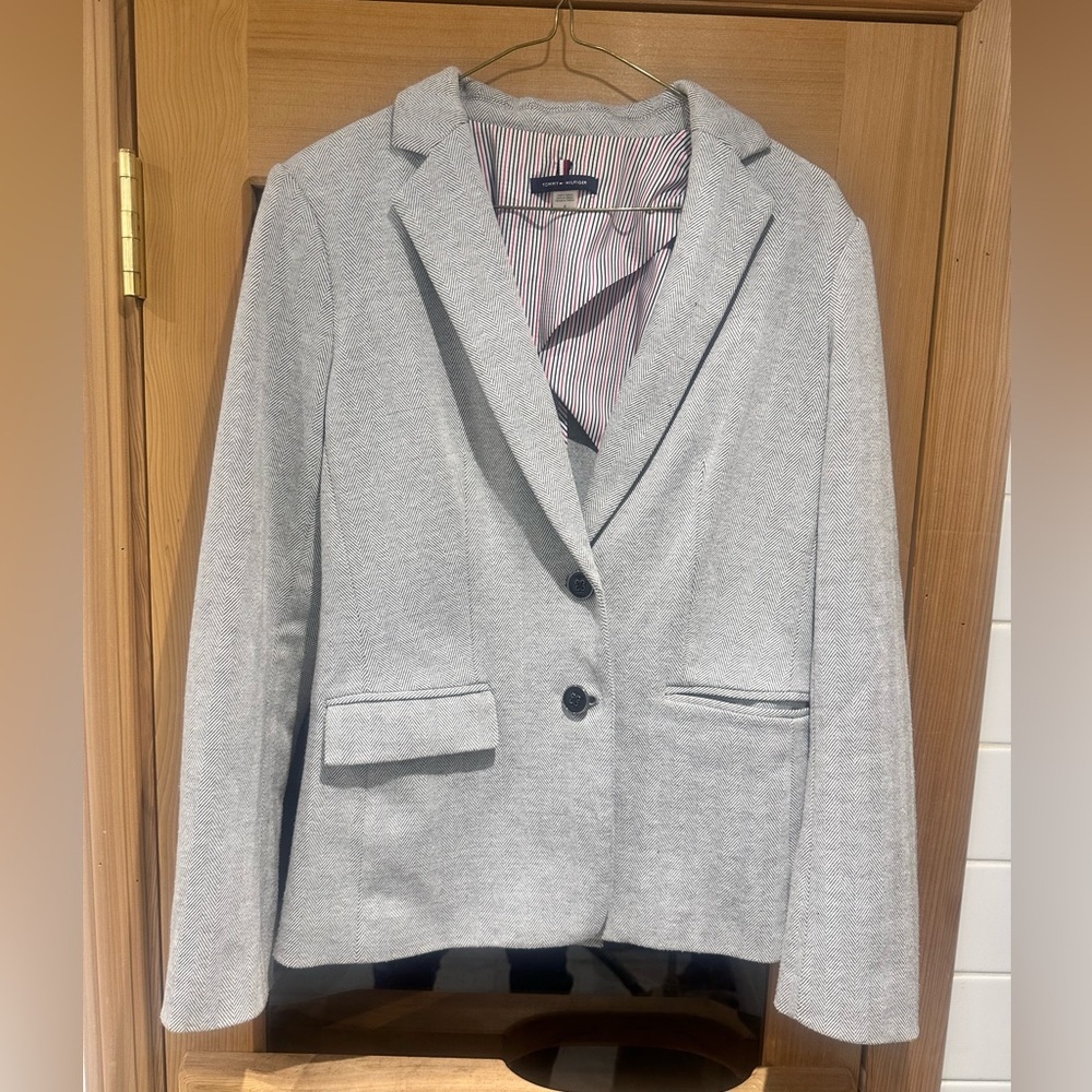 Tommy Hilfiger Grey Herringbone Blazer Size 4 Classic Tailored Preppy Jacket